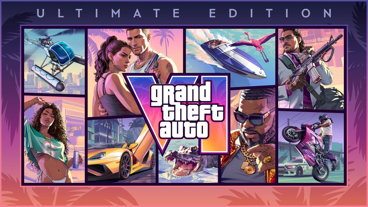 Official Grand Theft Auto VI Ultimate Edition cover art with Jason, Lucia and Vice City scenes